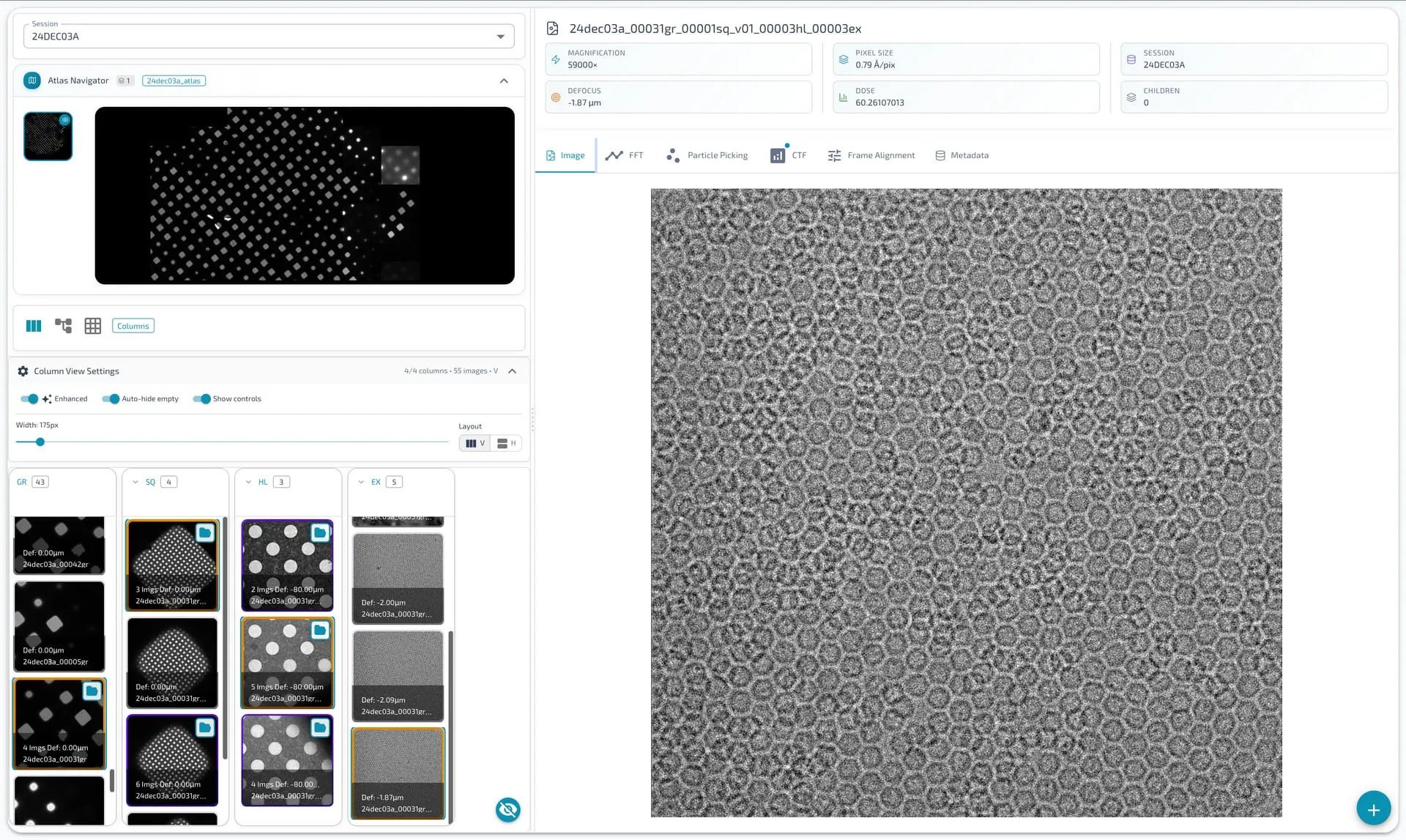 The CryoMaestro session view: a session selector and atlas navigator on the left, the grid, square, hole and exposure hierarchy as browsable columns of thumbnails beneath it, and on the right the selected exposure with its magnification, pixel size, defocus and dose, tabs for image, FFT, particle picking, CTF and frame alignment, and the micrograph itself.